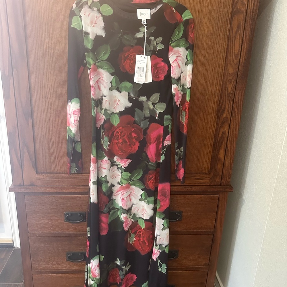 Jade Black Maxi Dress with Red and Pink Rose Print
